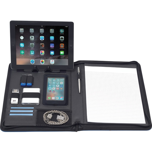 Picture of Kemsing A4 Tabletfolio which comes with tablet/phone holder and displayer, organiser section with pockets, pen loop, USB Holders and 20 page lined notebook