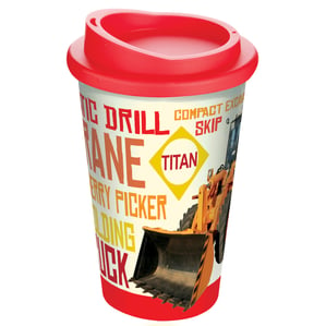 A double-walled plastic thermal mug with a full colour, wraparound design.
