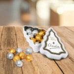 Branded Mini Christmas Tree Tin with Foil Wrapped Chocolate Balls 