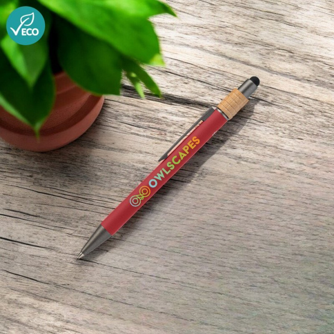 Recycled aluminium fidget spinner pen with bamboo detail and stylus tip