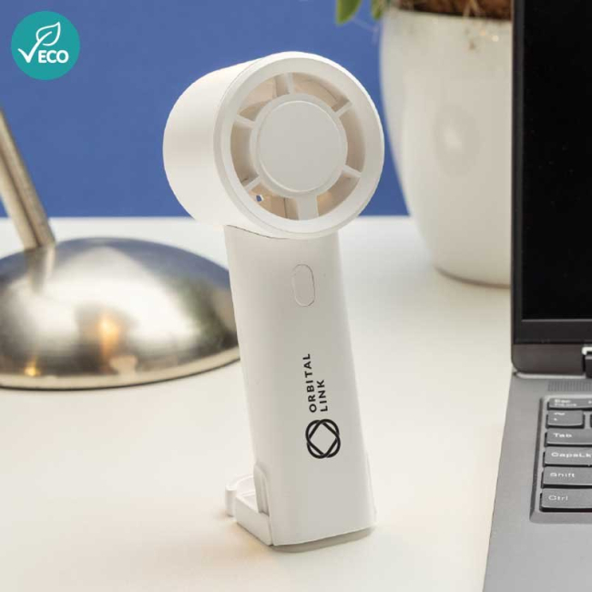 Rechargeable portable fan made from recycled materials with adjustable speeds