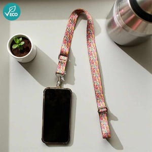 RPET cross body lanyard used as a phone strap with branded print