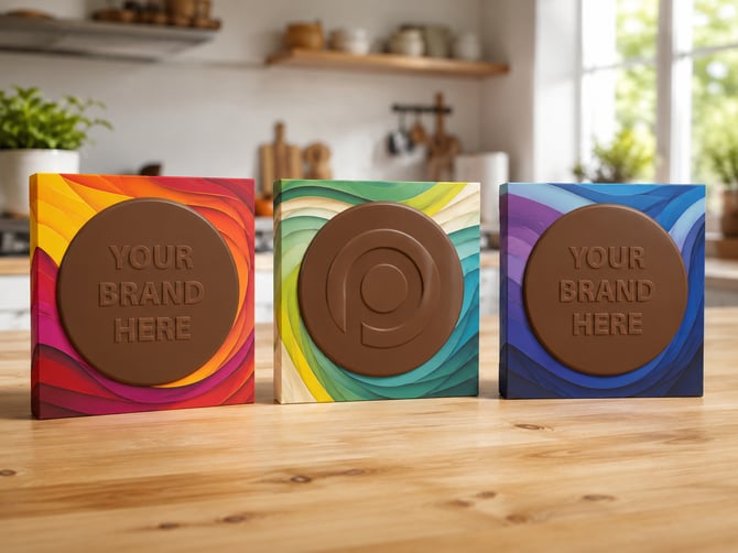 Bespoke milk chocolate disc with moulded logo presented in a branded window box